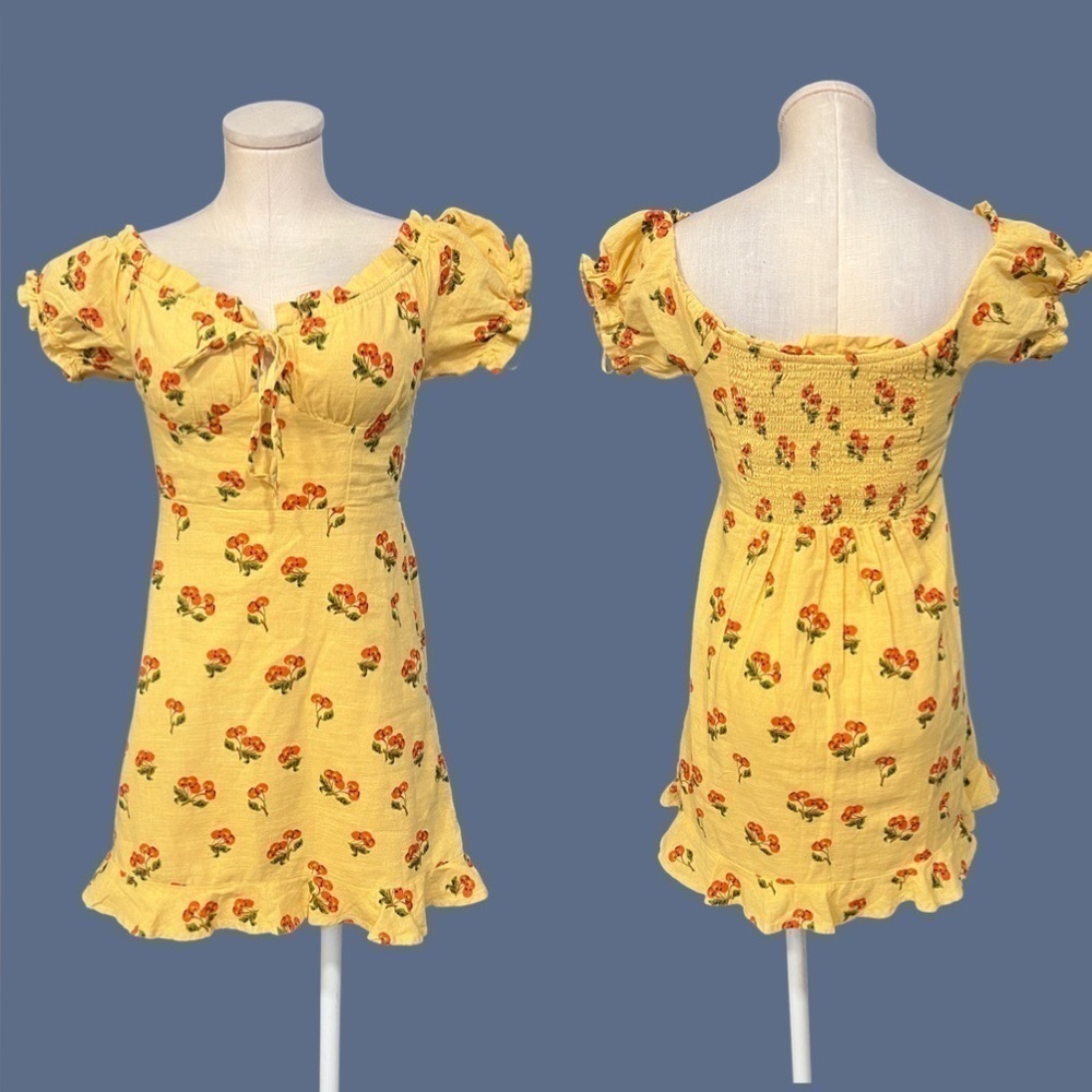 UO honey yellow with cherries print milkmaid mini dress with ruffles